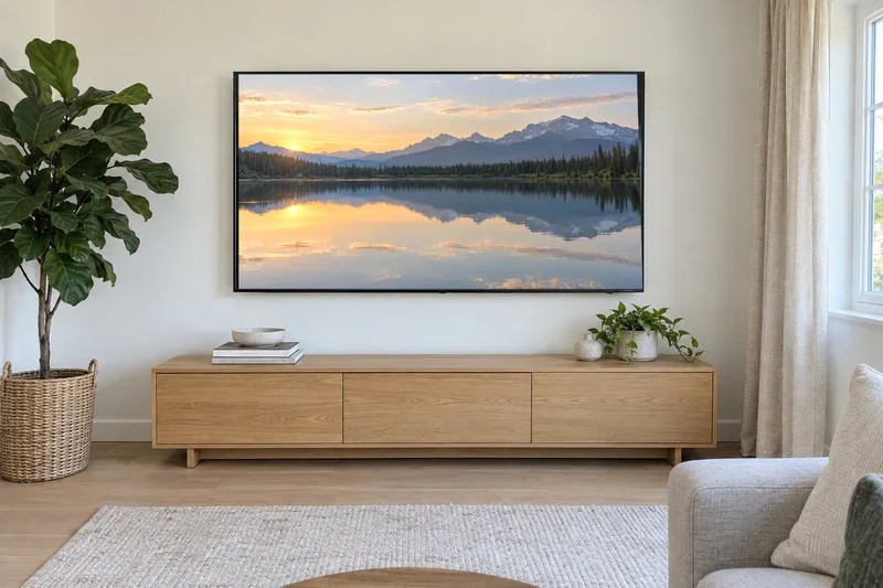 The same TV showing a mountain lake at sunrise, the reflection gone and the rest of the room untouched
