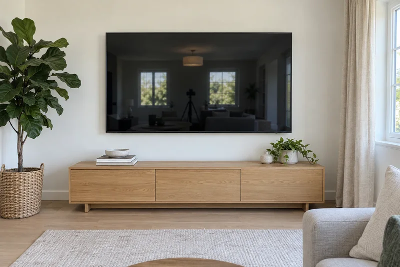 A wall-mounted TV in a living room, its black screen reflecting the windows opposite and the photographer’s tripod