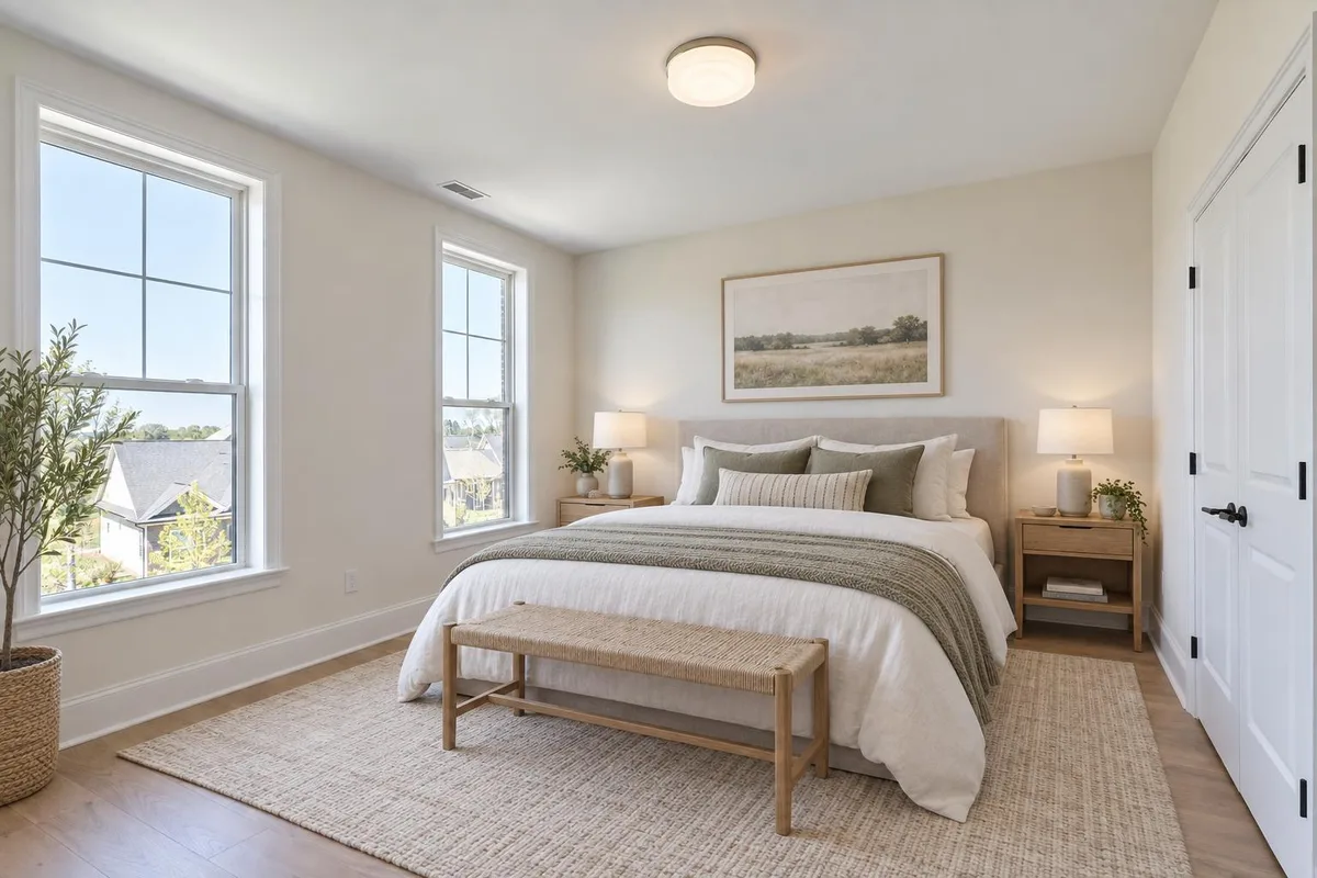 The same bedroom redesigned in a Scandinavian style with a bed, nightstands, a bench and a rug