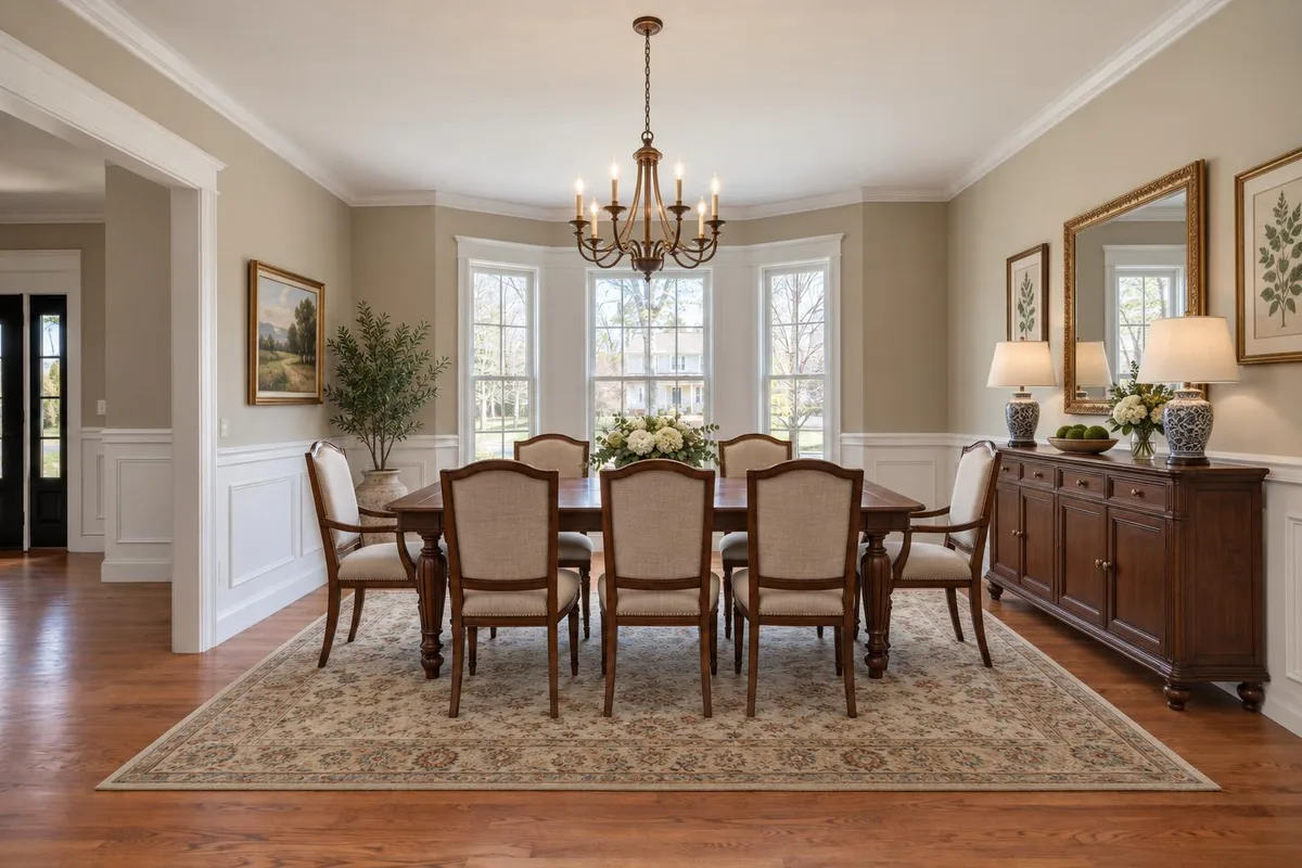 The same dining room virtually staged in a Traditional style: a table for eight, a sideboard and a rug