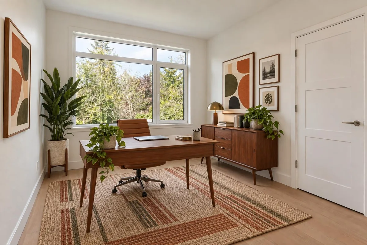 The same room virtually staged as a Midcentury home office: a desk, a chair and a credenza