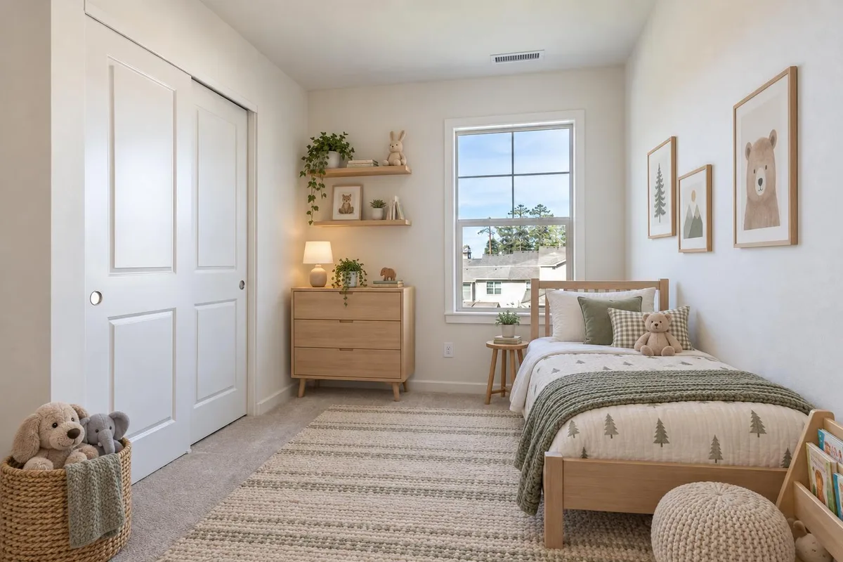 The same room virtually staged as a child’s bedroom: a single bed, a dresser and shelves