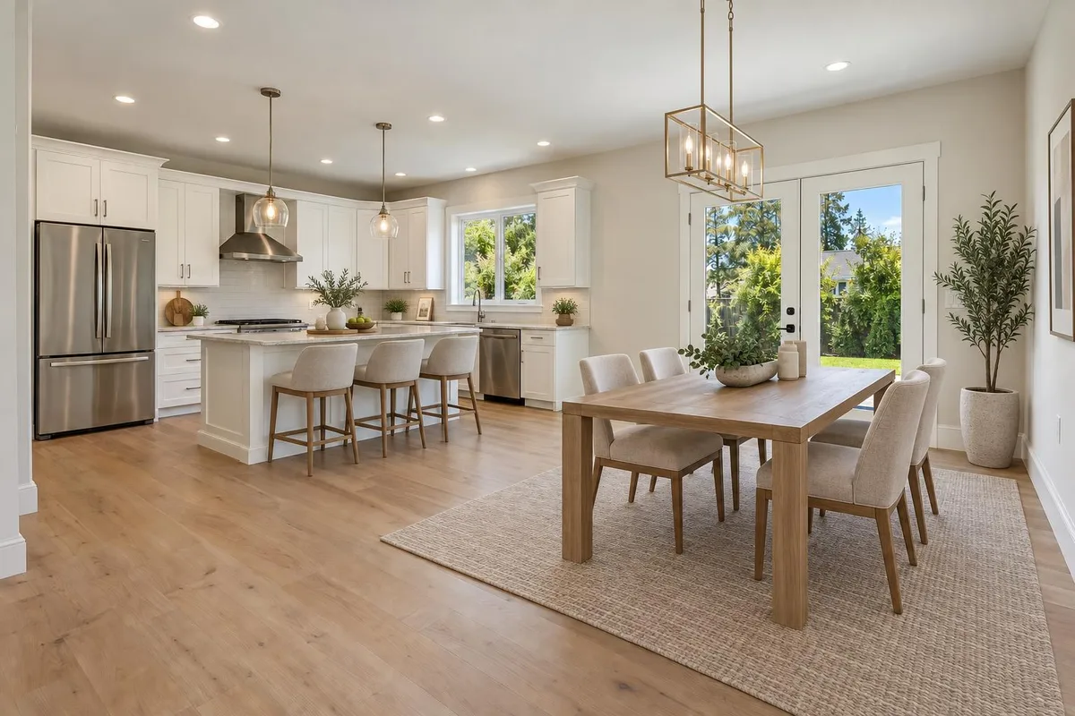The same kitchen virtually staged: stools at the island and a dining table in the eat-in area