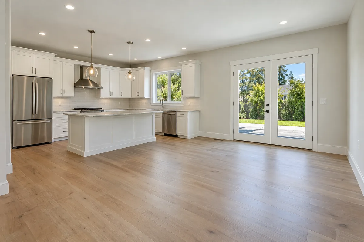 A kitchen with a bare island and an empty eat-in area