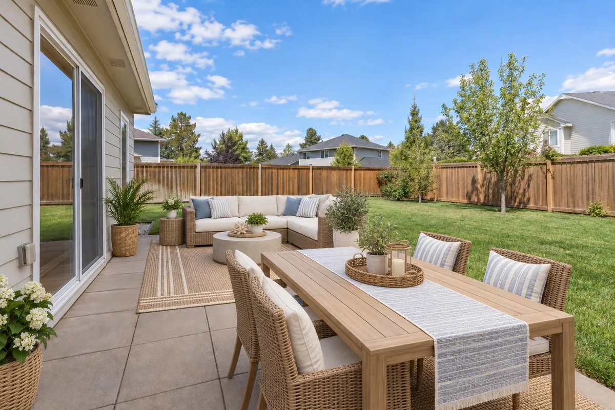 The same patio virtually staged with an outdoor dining table and a lounge set